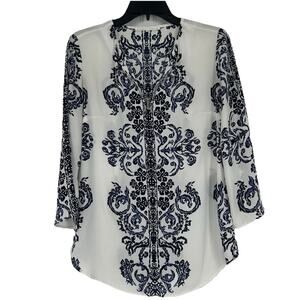 Violet & Claire Boho Floral Top White Blue 3/4 Sleeves Split Neck Size S